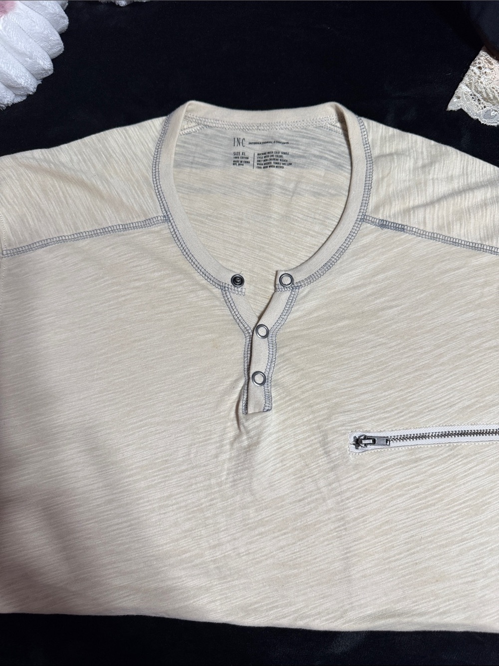 INC International Concepts Men’s Cream Short-Sleeve Henley with Zip Pocket
